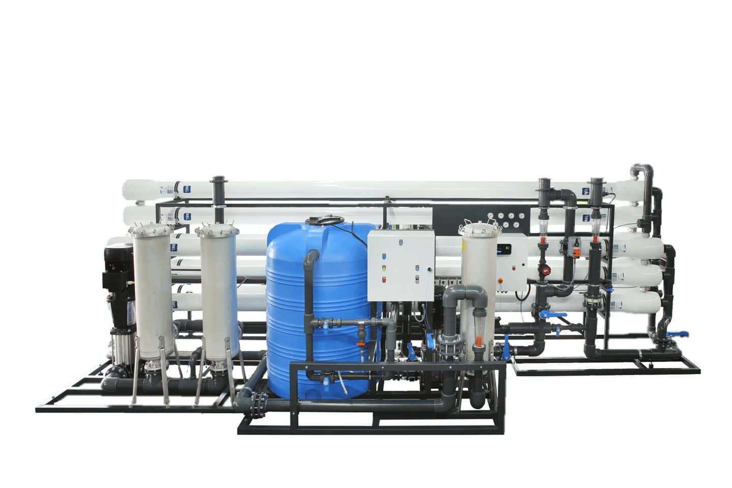 High-capacity industrial water filtration system with multiple cartridges, pipes, and control panels designed for commercial water treatment solutions.