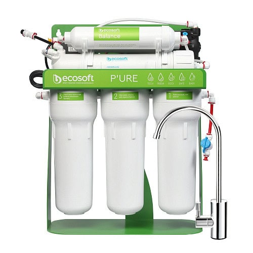 High-efficiency EcoSoft reverse osmosis water filtration system for clean, pure drinking water. Ideal for home and office use, removing impurities and contaminants for healthier hydration.