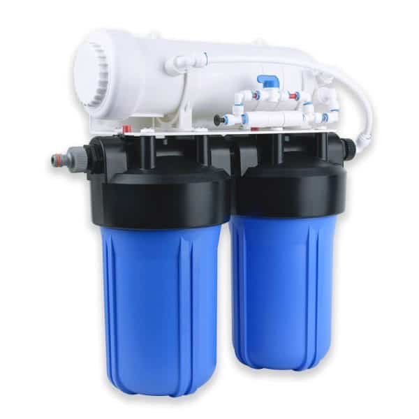High-capacity dual-stage water filtration system with blue filters, designed for clean and safe drinking water. Suitable for residential and commercial use, featuring advanced purification technology.