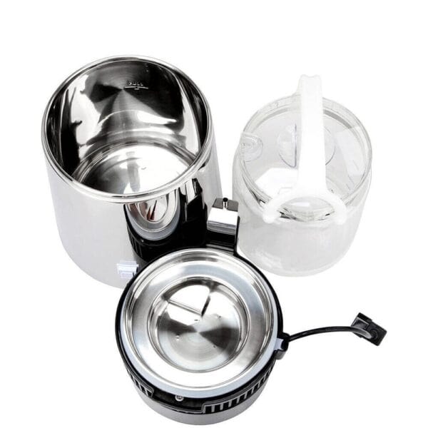 Stainless steel coffee grinder with removable bean hopper and lid, professional-grade espresso grinder for brewing fresh coffee beans.