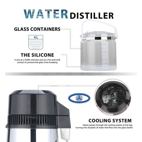 Water distiller with glass containers, silicone buffer, and cooling system for purified water production. Ideal for home water filtration and safety.