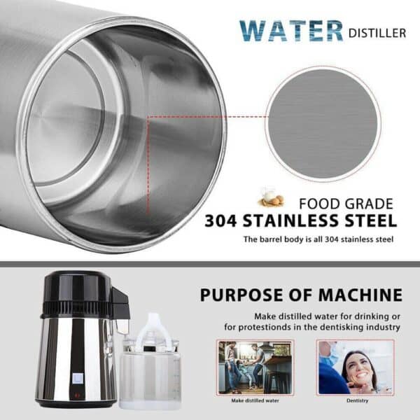 Stainless steel water distiller with food-grade 304 stainless steel barrel, used for purifying water for drinking and dentistry applications, ideal for dental clinics and health-conscious users.
