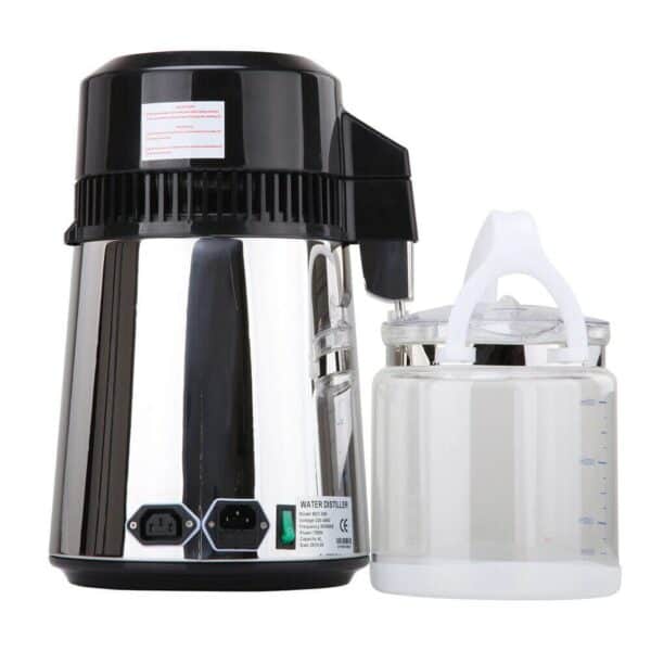Water distiller machine for pure drinking water, stainless steel design, with detachable collection container for home or commercial use.