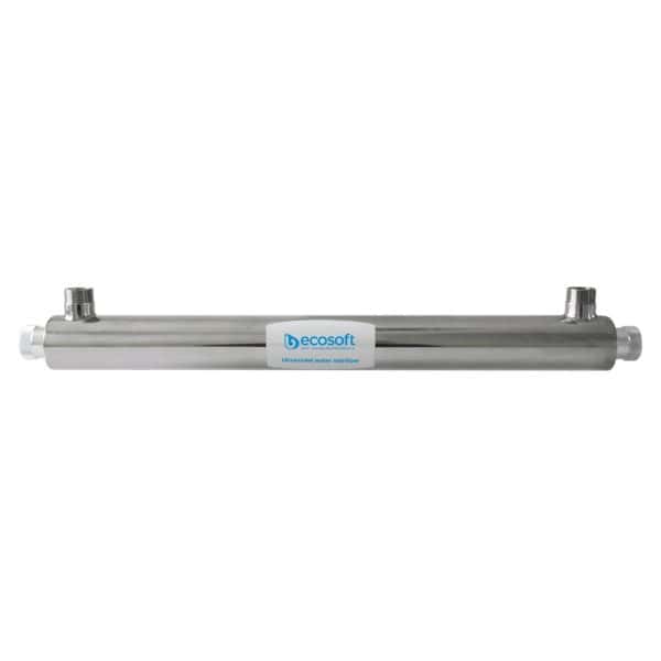 High-efficiency UV sterilizer for water purification, EcoSoft brand, stainless steel construction, suitable for residential and commercial water treatment systems.