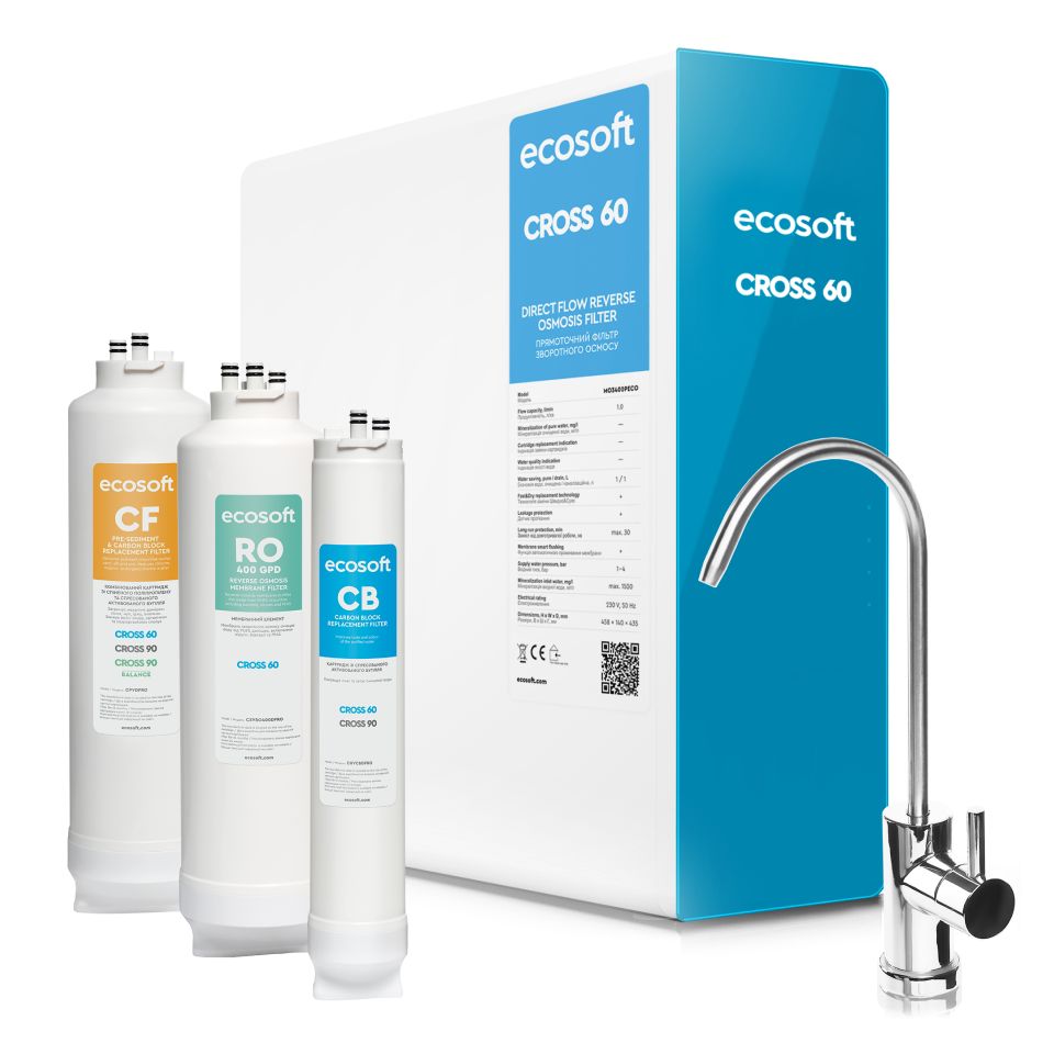 High-quality EcoSoft Cross 60 reverse osmosis water filter system with replacement cartridges for clean, safe drinking water. Easy to install and maintain, perfect for home water purification needs.