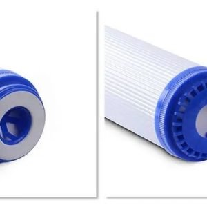 Replaceable pool filter cartridge with blue end caps, suitable for swimming pool purification systems.