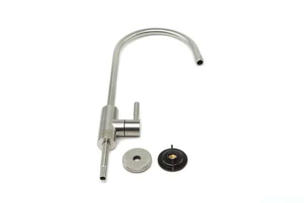 Stainless steel kitchen faucet with flexible spout, handle, mounting hardware, and black rubber gasket on white background. Perfect for modern kitchen sink installations.