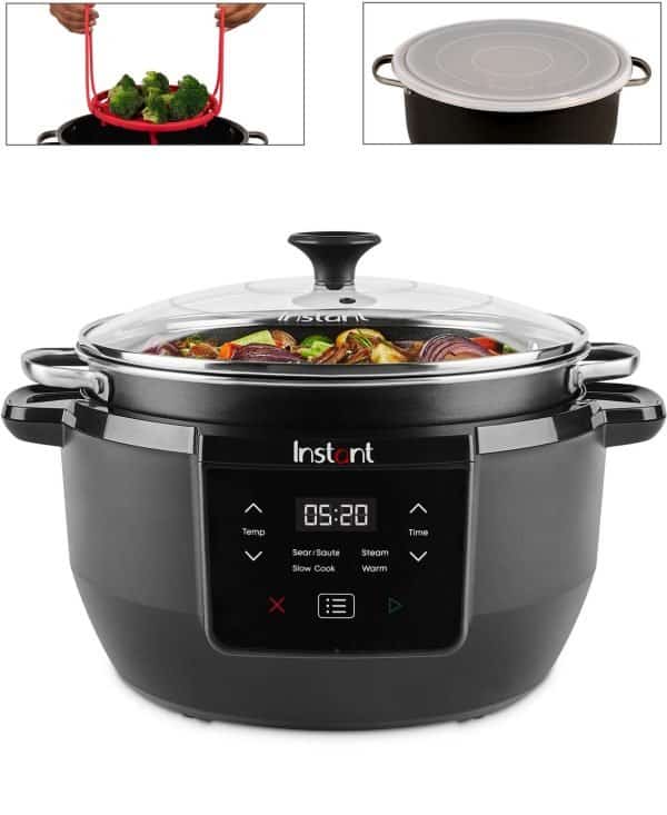 Electric pressure cooker for fast cooking and steaming.