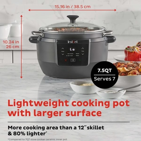 7. Alt text: Lightweight cooking pot with large surface area, 7.5QT capacity, perfect for cooking in a modern kitchen.