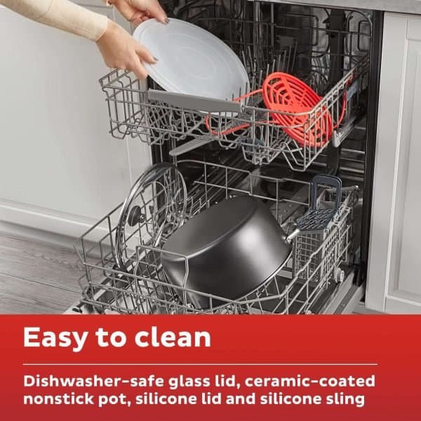 Dishwasher-safe glass lid, ceramic-coated nonstick pot, silicone lid, dishwasher accessories, kitchen utensils for easy cleaning and maintenance.