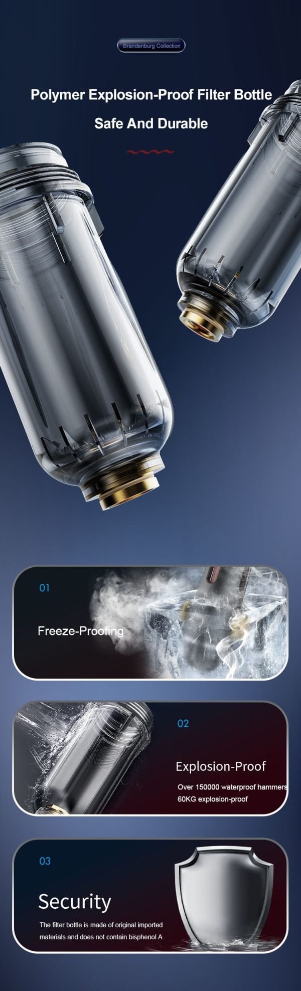 Polymer explosion-proof filter bottle, durable and safe water filter container with freeze-proof and explosion-proof features from Brandenburg Collection.