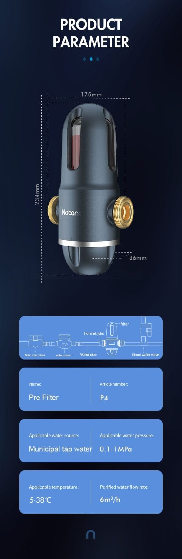 Pre Filter P4 water filtration system with detailed dimensions and water flow specifications for municipal tap water purification.