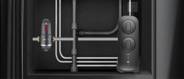 High-efficiency water filtration system inside a modern black water filter cabinet showcasing advanced plumbing and digital control panel.