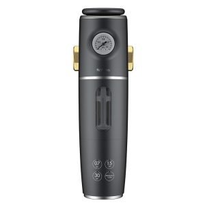 Wireless pet water dispenser with water level indicator and adjustable feeding options.
