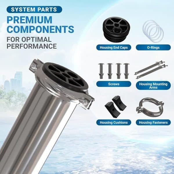 Black and silver water filter system parts for optimal performance, including housing end caps, O-rings, screws, mounting arms, cushions, and fasteners.