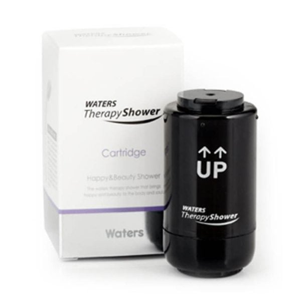 Replacement shower cartridge for therapy shower systems by Waters Therapy Shower, black compact filter component for water filtration and improved shower experience.