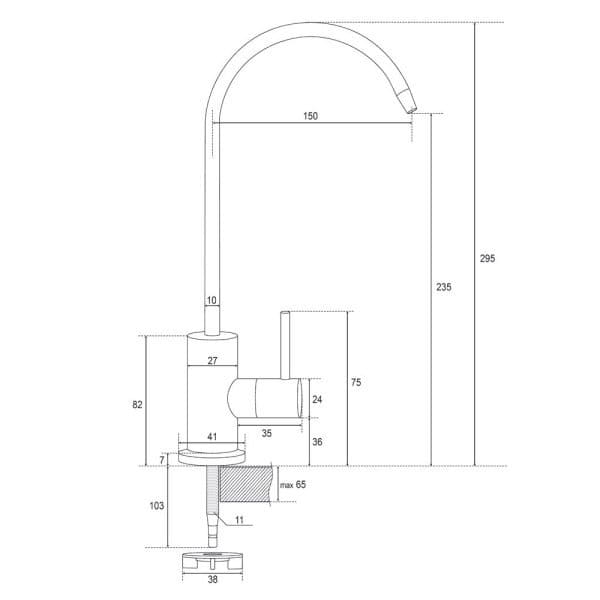 Brass kitchen faucet with high arc spout and modern design, technical drawing with dimensions. Ideal for contemporary kitchens, durable and easy to install. Perfect for stylish kitchen upgrades.