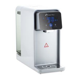 Modern countertop water purifier with digital control panel and UV purification technology for clean drinking water.