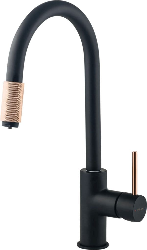 Sleek black kitchen faucet with rose gold accents, modern design, and durable finish.
