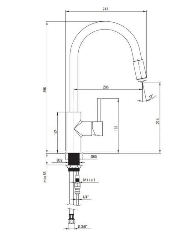 High-quality kitchen faucet technical drawing with dimensions and design specifications for modern home or commercial use.