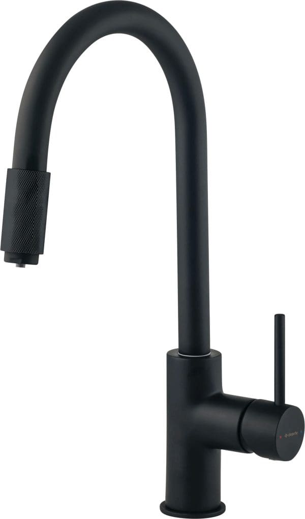 Brushed black kitchen faucet with high-arc spout and modern design for stylish kitchen appliances.