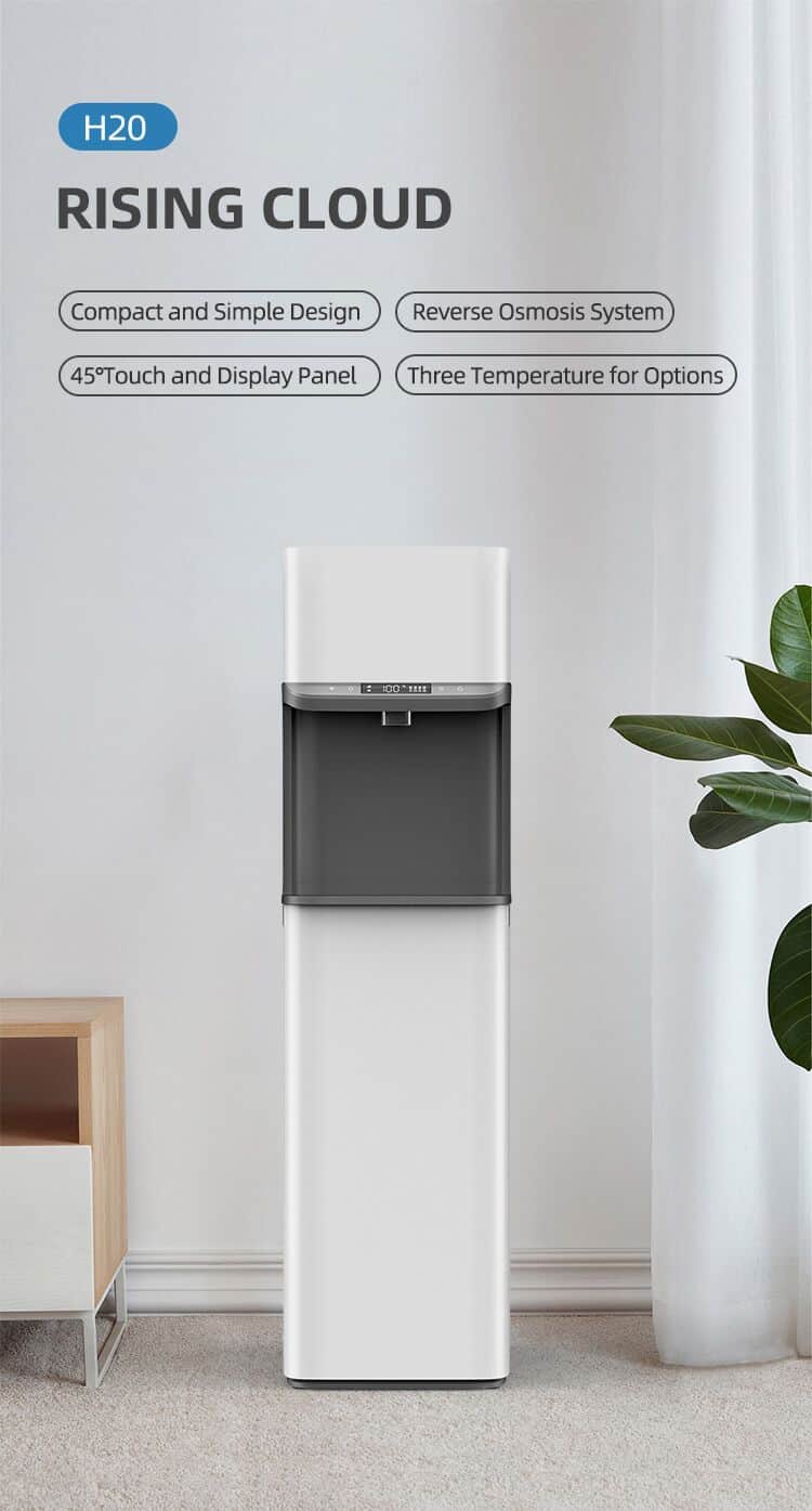 H2O Rising Cloud water dispenser with reverse osmosis system, touch display, and customizable temperature settings for clean and safe drinking water.